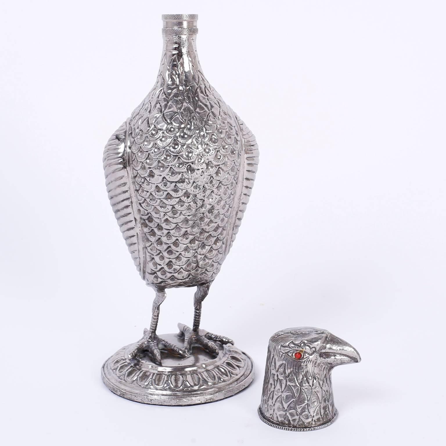 20th Century Silvered Metal Bird Decanter or Flask