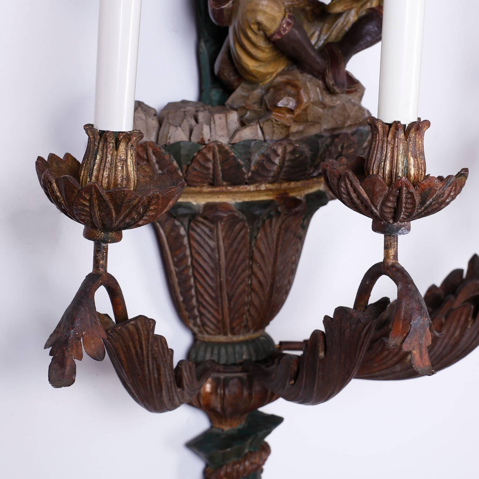 Pair of Antique 19th Century Carved Wall Sconces with Orientalist Figures 2