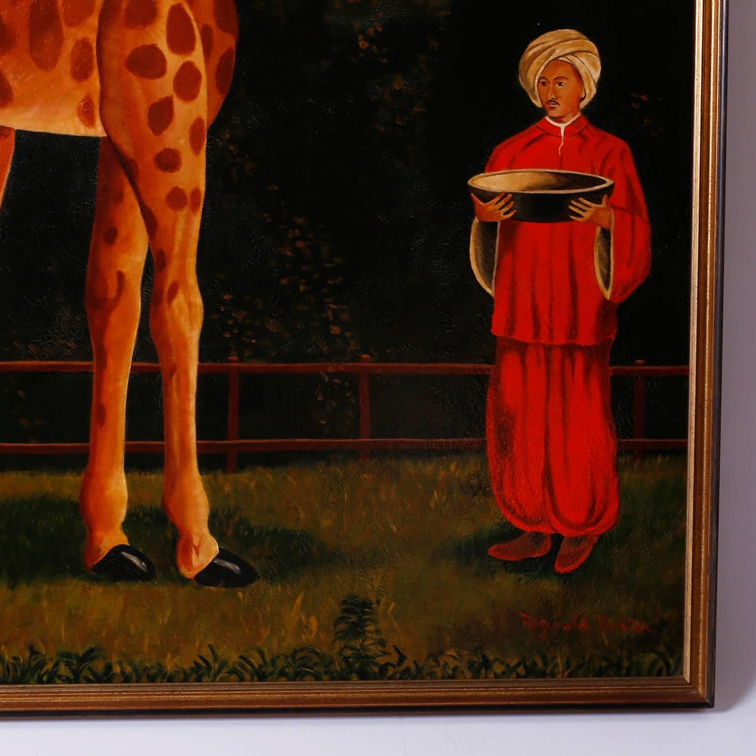 Large and amusing oil painting on canvas of a giraffe and caretaker in an outdoor wooded scene. With a tongue and cheek nod to Victorian parlor paintings, this decorative piece has a contrived orientalist yet folk painting quality with an aged