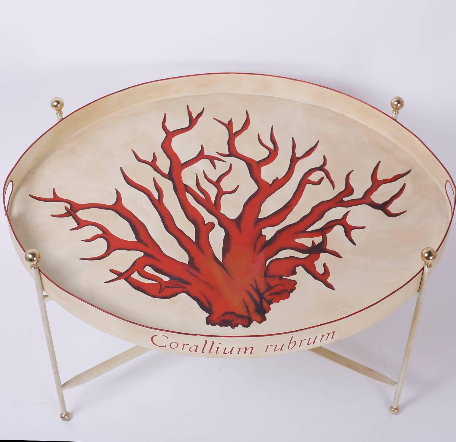 Campaign Vintage Tole Tray Table with Red Coral Motif, Coral Table For Sale