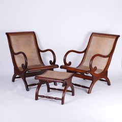 Pair of British Colonia Caned Chairs with Matching Ottoman