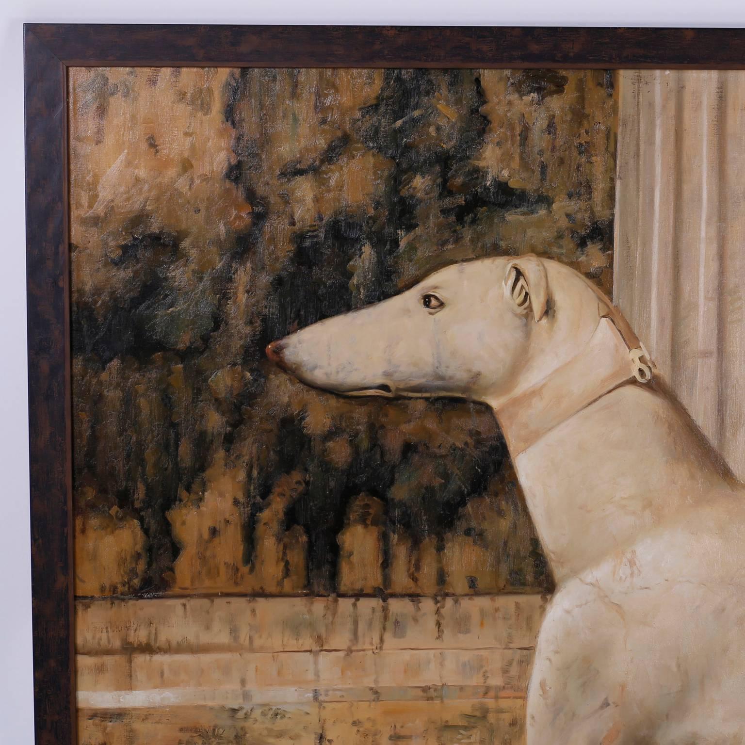 Mysterious oil painting on canvas of two greyhounds in a state of calm repose set against a classical back round. The black and white dogs facing in opposite directions have a Yin-Yang energy flow and contemplative mood with a nostalgic presence
