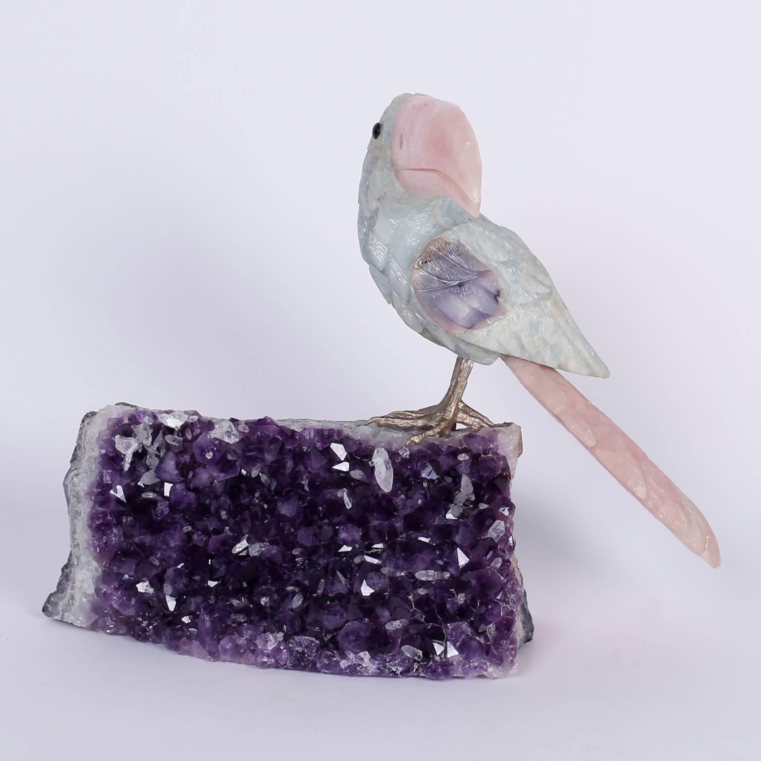 20th Century Carved Stone Toucan on an Amethyst Geode