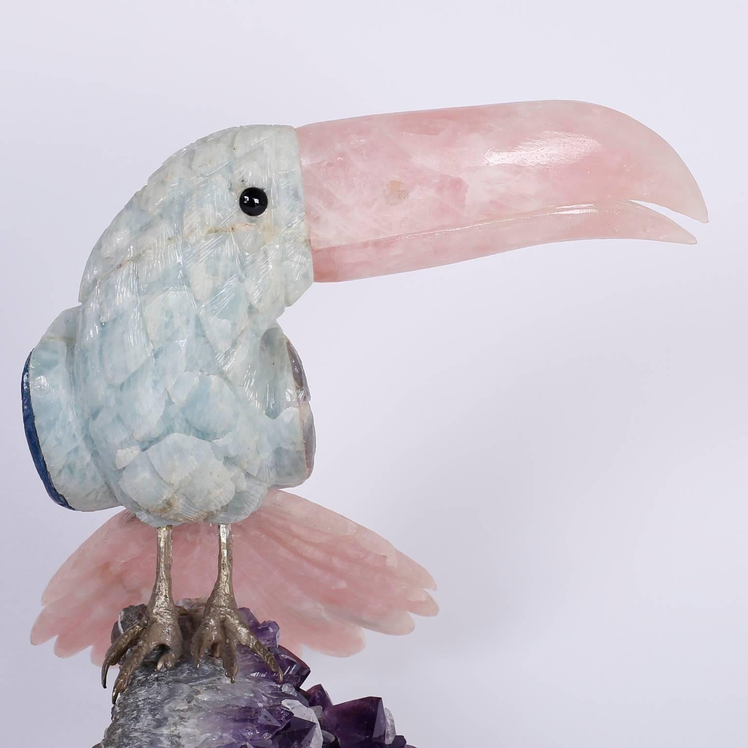 Carved Stone Toucan on an Amethyst Geode In Good Condition In Palm Beach, FL
