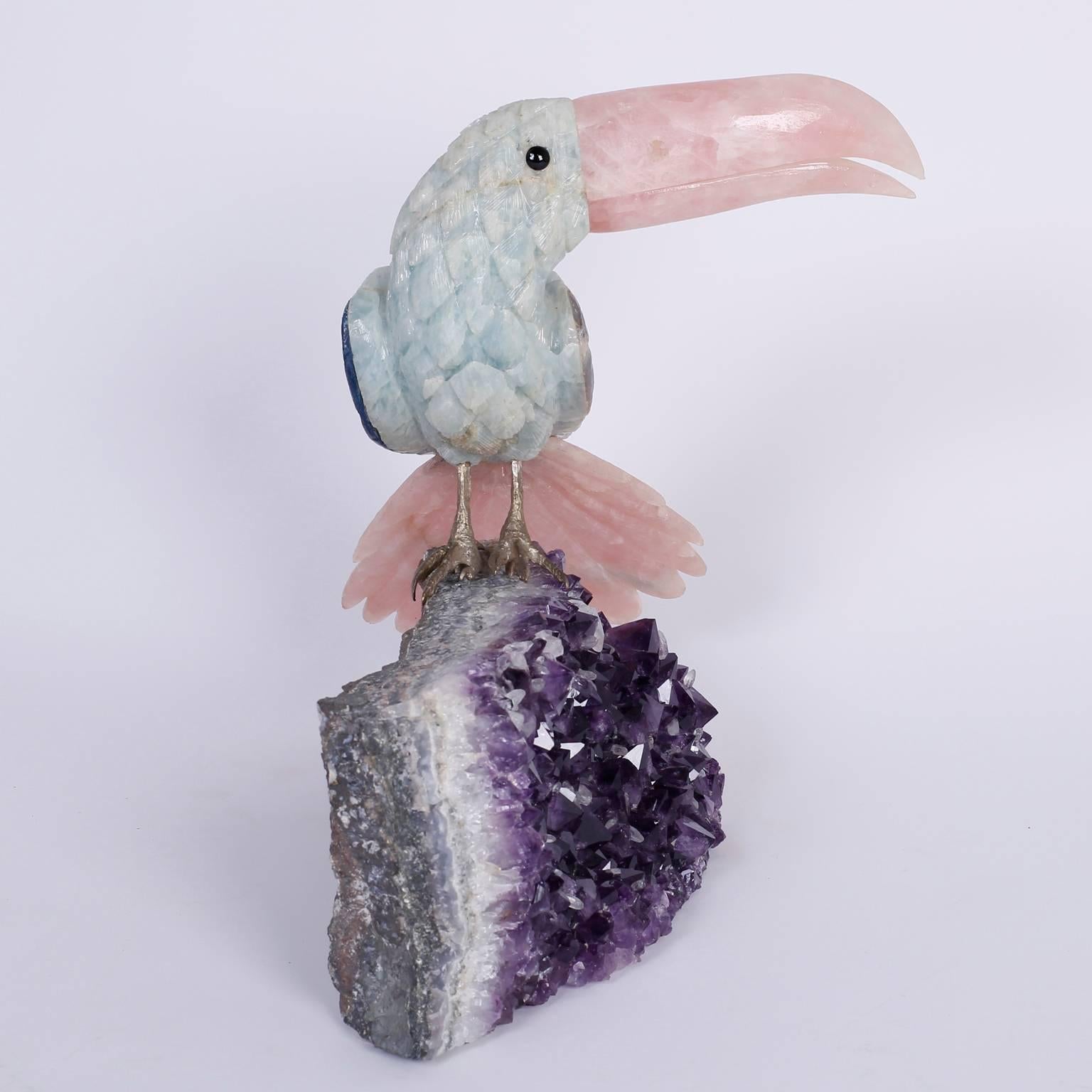 Brazilian Carved Stone Toucan on an Amethyst Geode