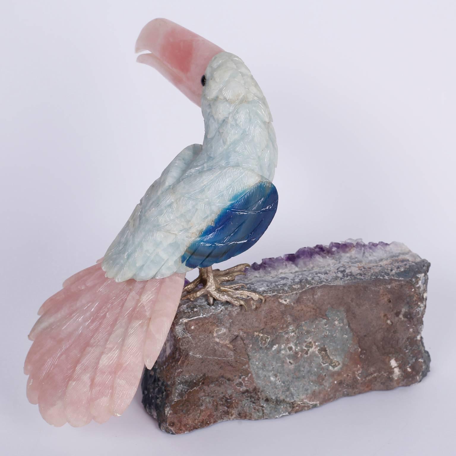 Crystal Carved Stone Toucan on an Amethyst Geode