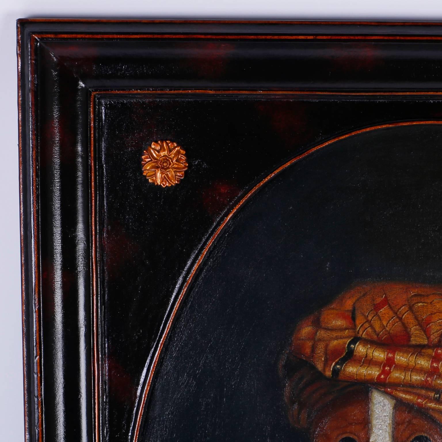 Oil painting on board of a dog in a turban executed in the tradition of the Victorian or Orientalist style. Presented on an exclusive painted canvas over wood frame and signed on the back: hand painted Maitland-Smith. Stunning in Anglo Indian, West