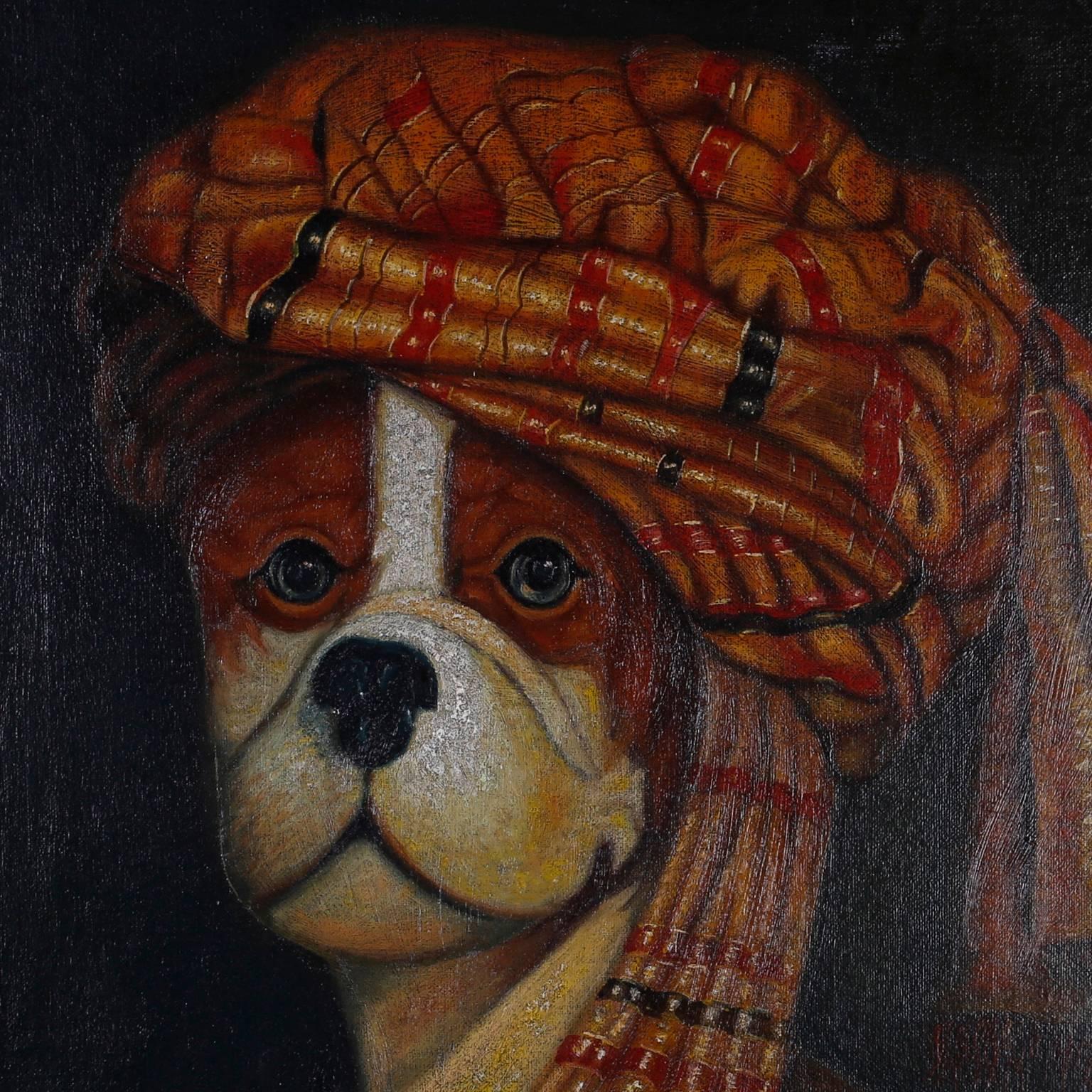 British Colonial Oil Painting of Dog with Turban
