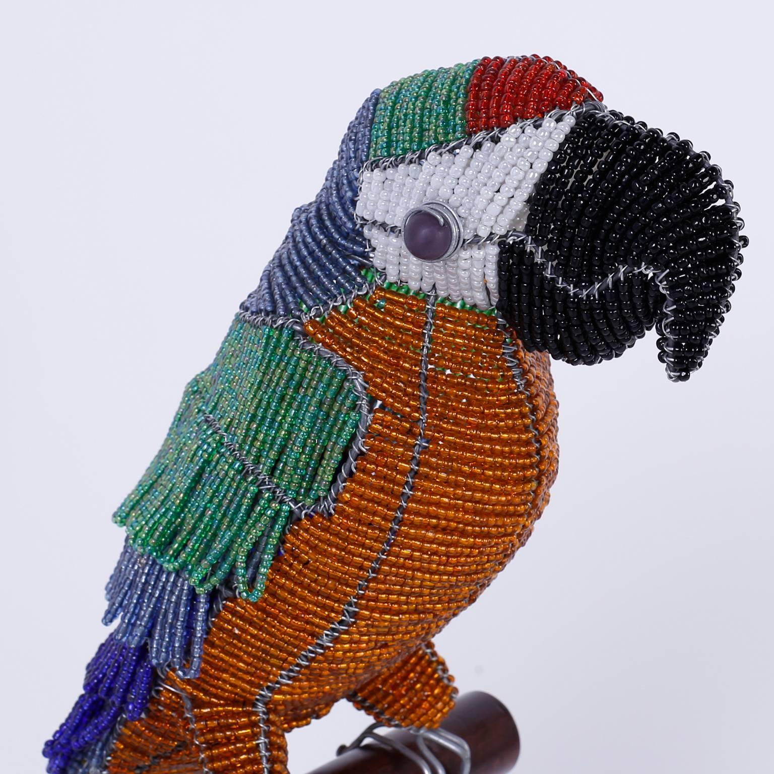 British Colonial Glass Beaded Parrot Sculpture For Sale