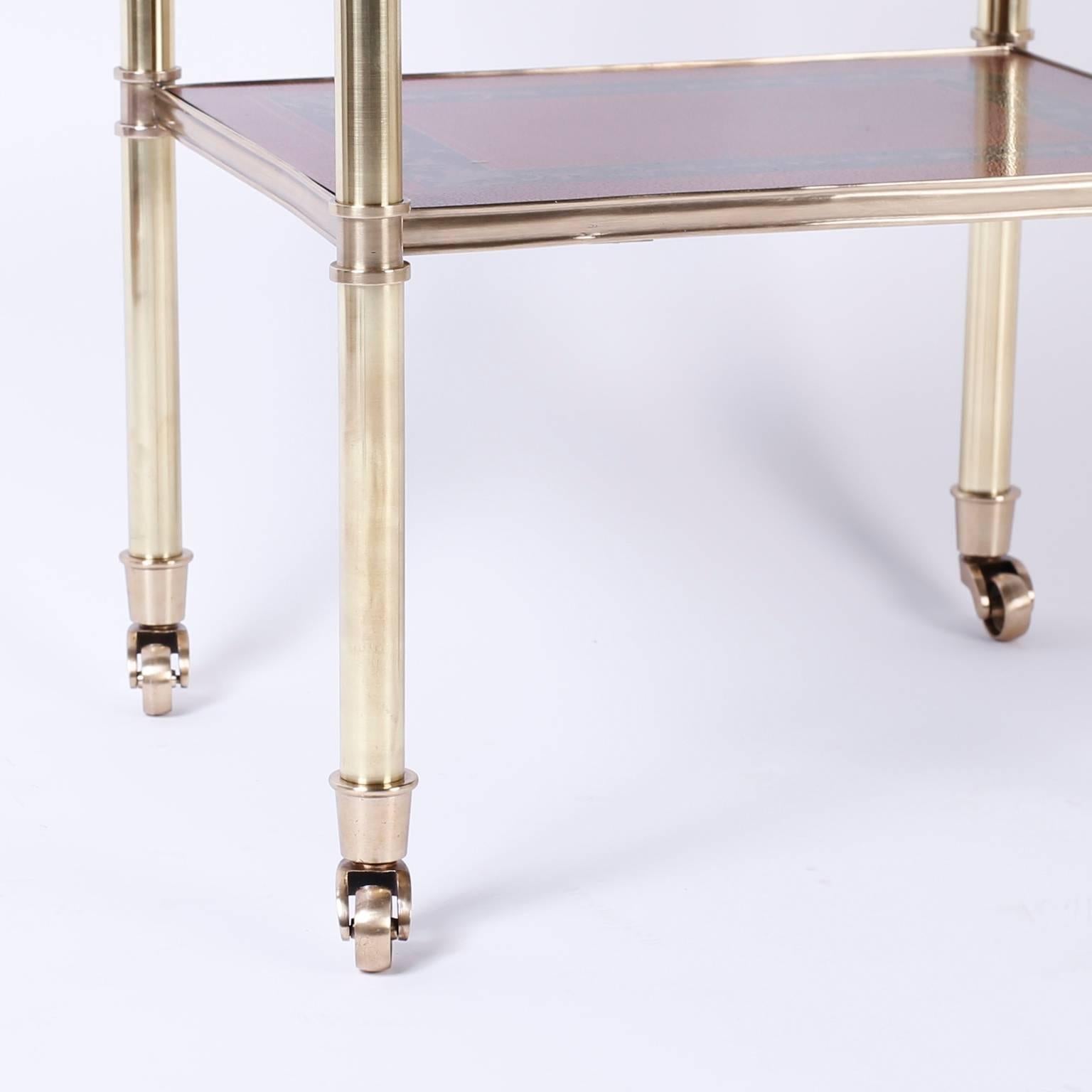 Three-Tiered Brass and Leather British Colonial Style Serving Cart 1