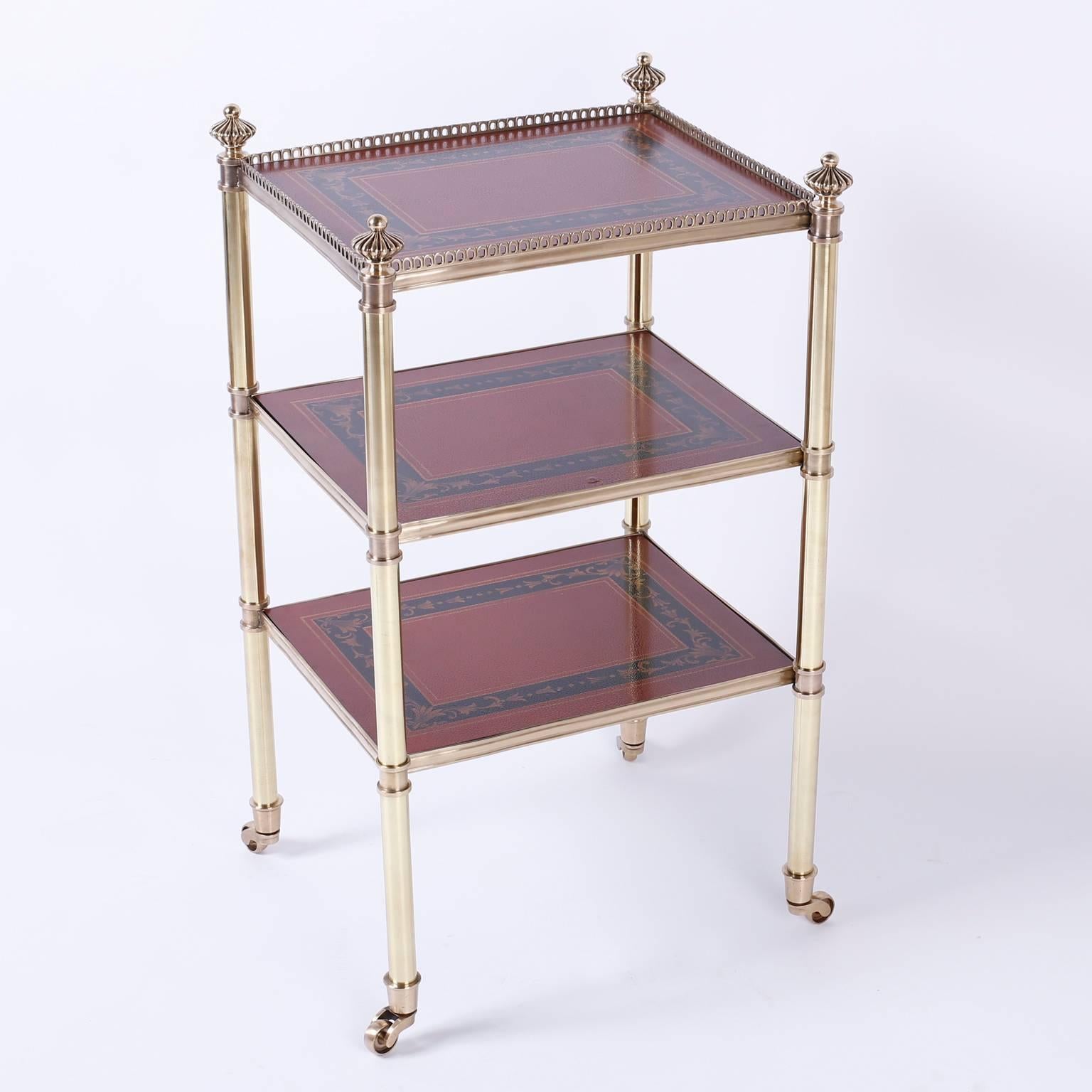 Three-Tiered Brass and Leather British Colonial Style Serving Cart 2