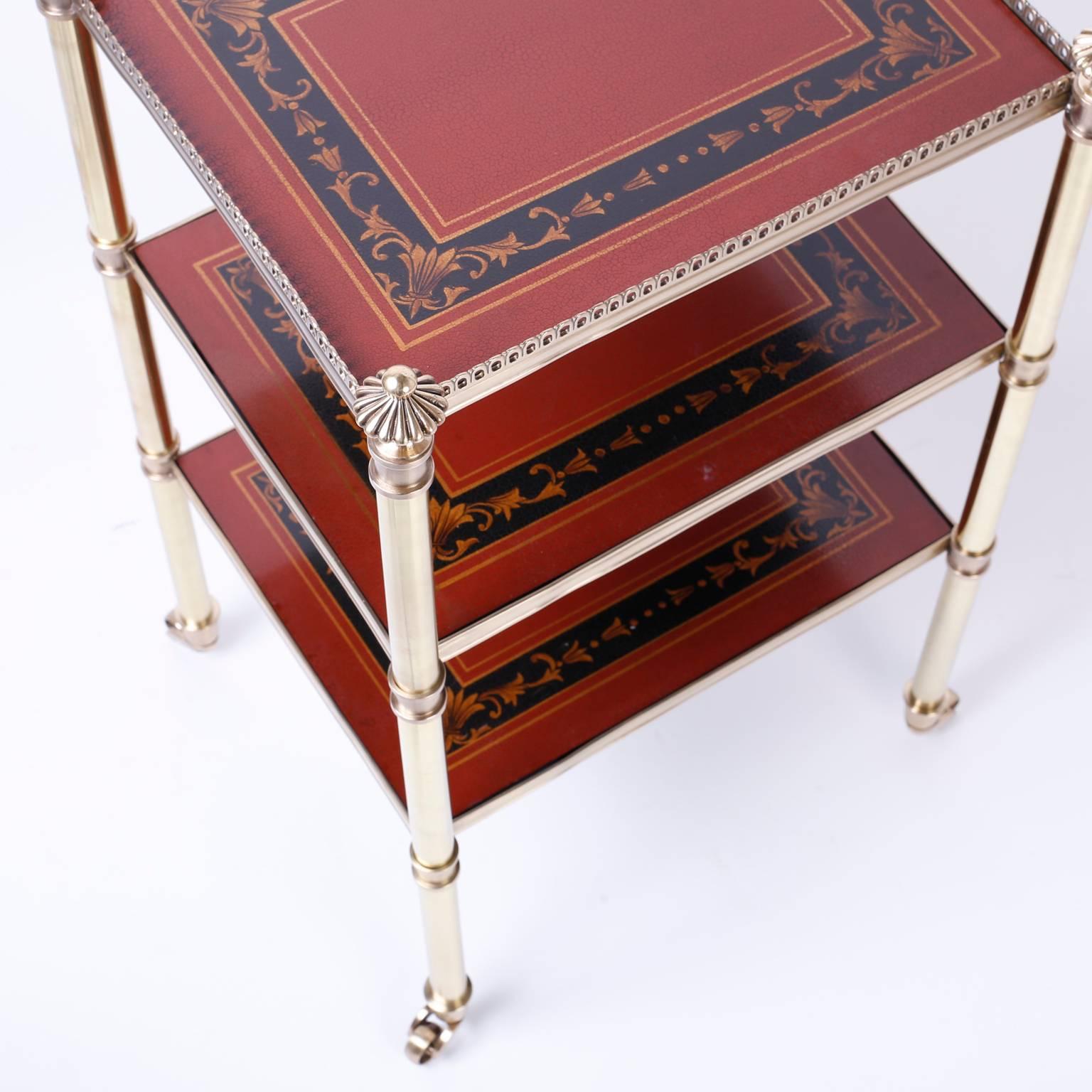 Three-Tiered Brass and Leather British Colonial Style Serving Cart 3