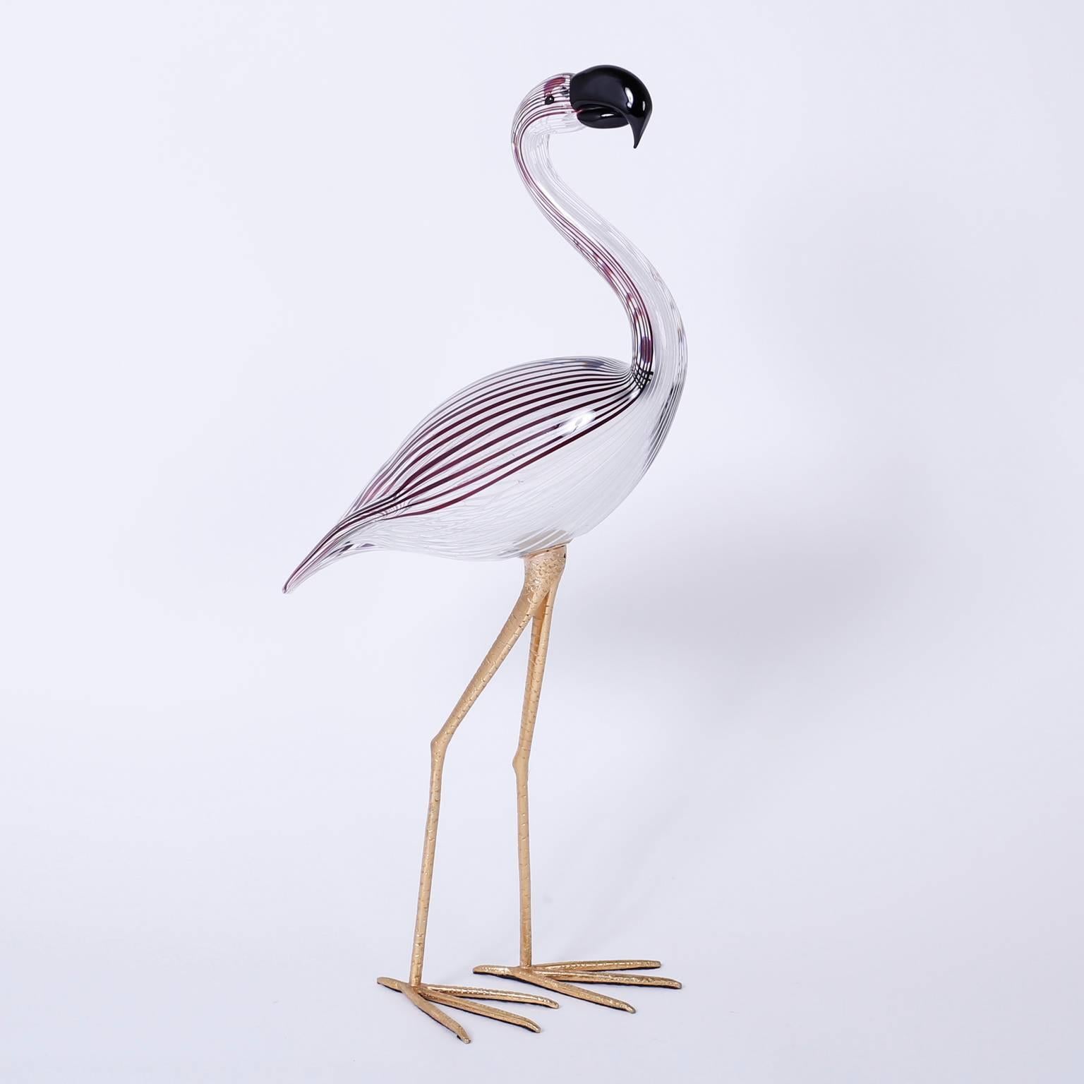 Unusually large example of a Murano glass sculpture depicting a graceful flamingo or bird on gilt bronze legs. Signed Zanetti L on the underside.