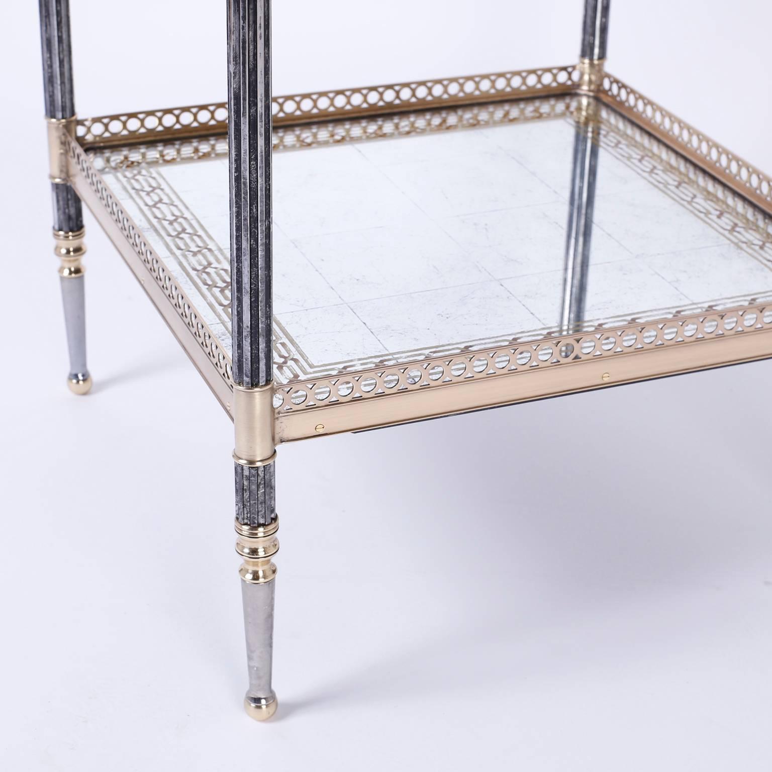 Two-Tiered Metal Glass and Brass Stand 1