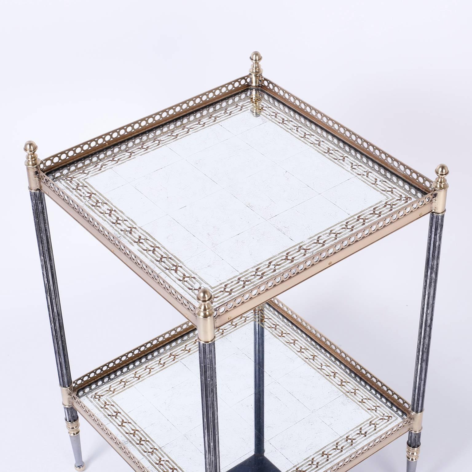 Neoclassical Two-Tiered Metal Glass and Brass Stand