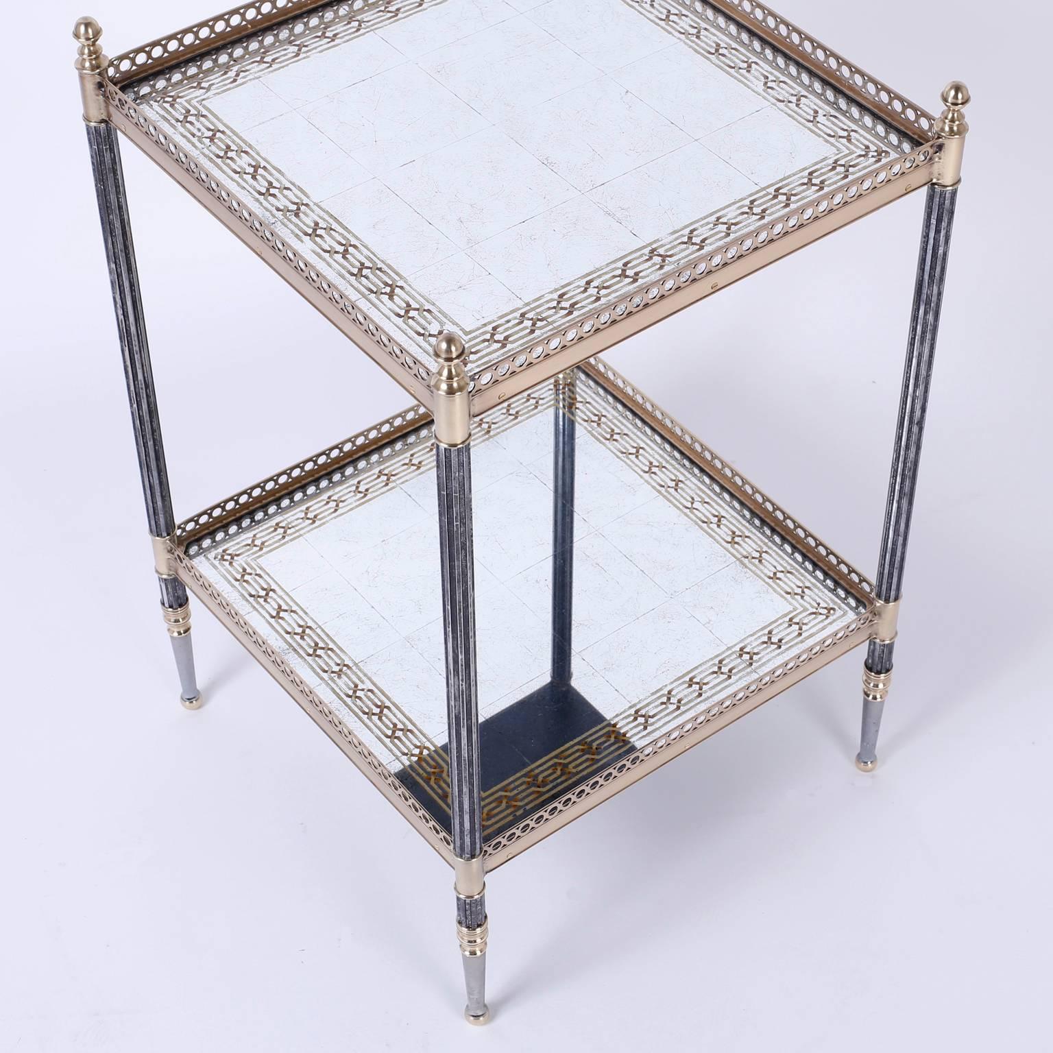 French Two-Tiered Metal Glass and Brass Stand