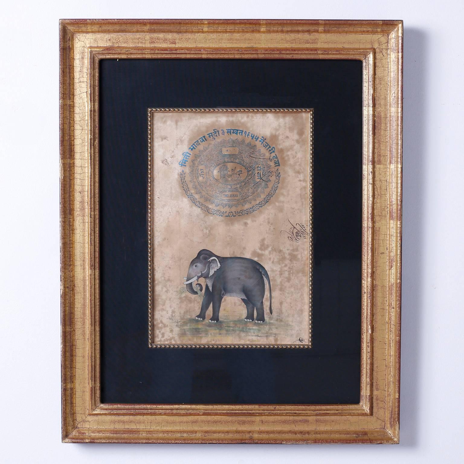 Set of four Jaipur animal watercolors with a charming naive style depicting some of India's most notorious creatures. Each image includes an official Jaipur government stamp and intriguing notes from the artist. Handsomely presented in carved wood,