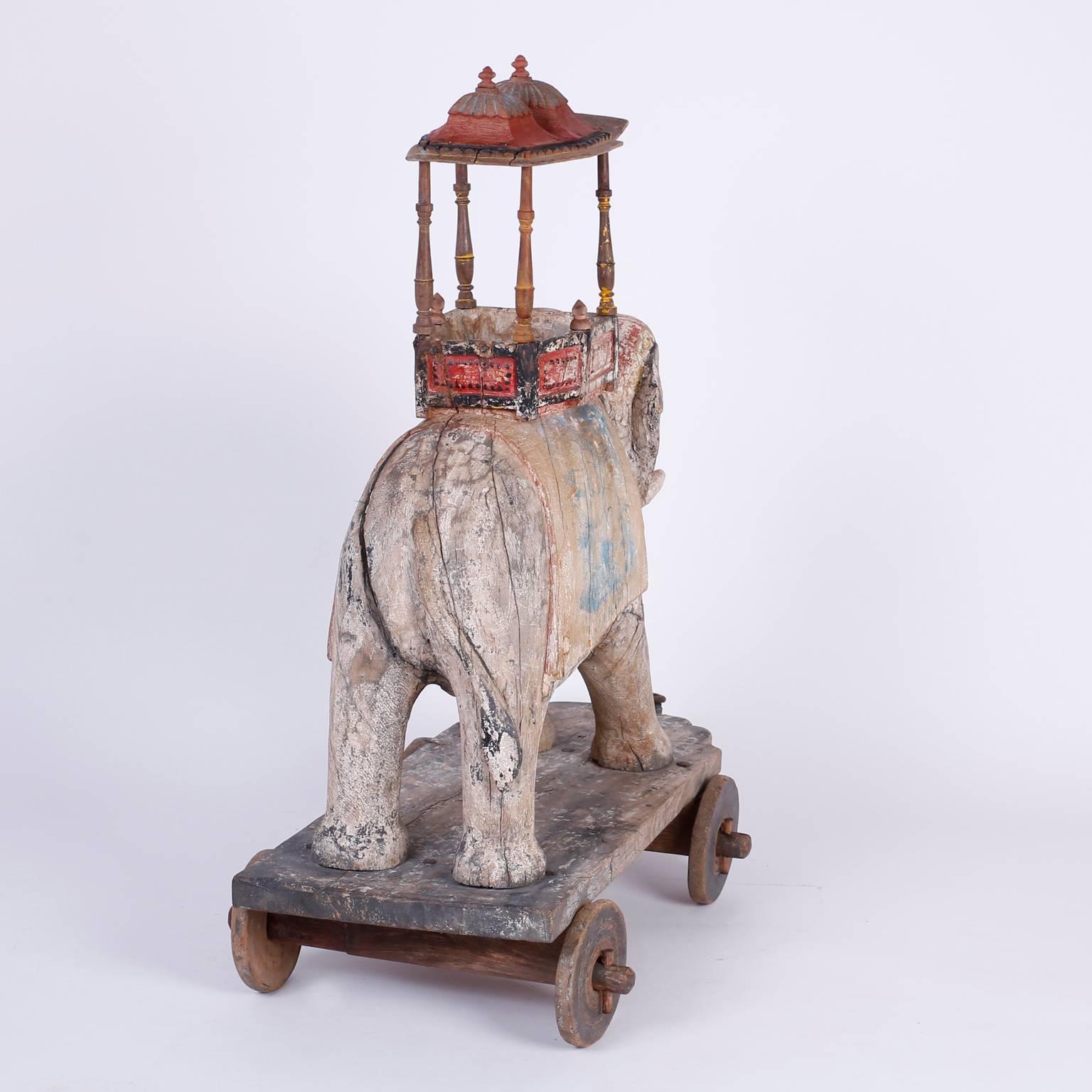 Large Anglo-Indian Carved Wood Elephant on Wheels 2