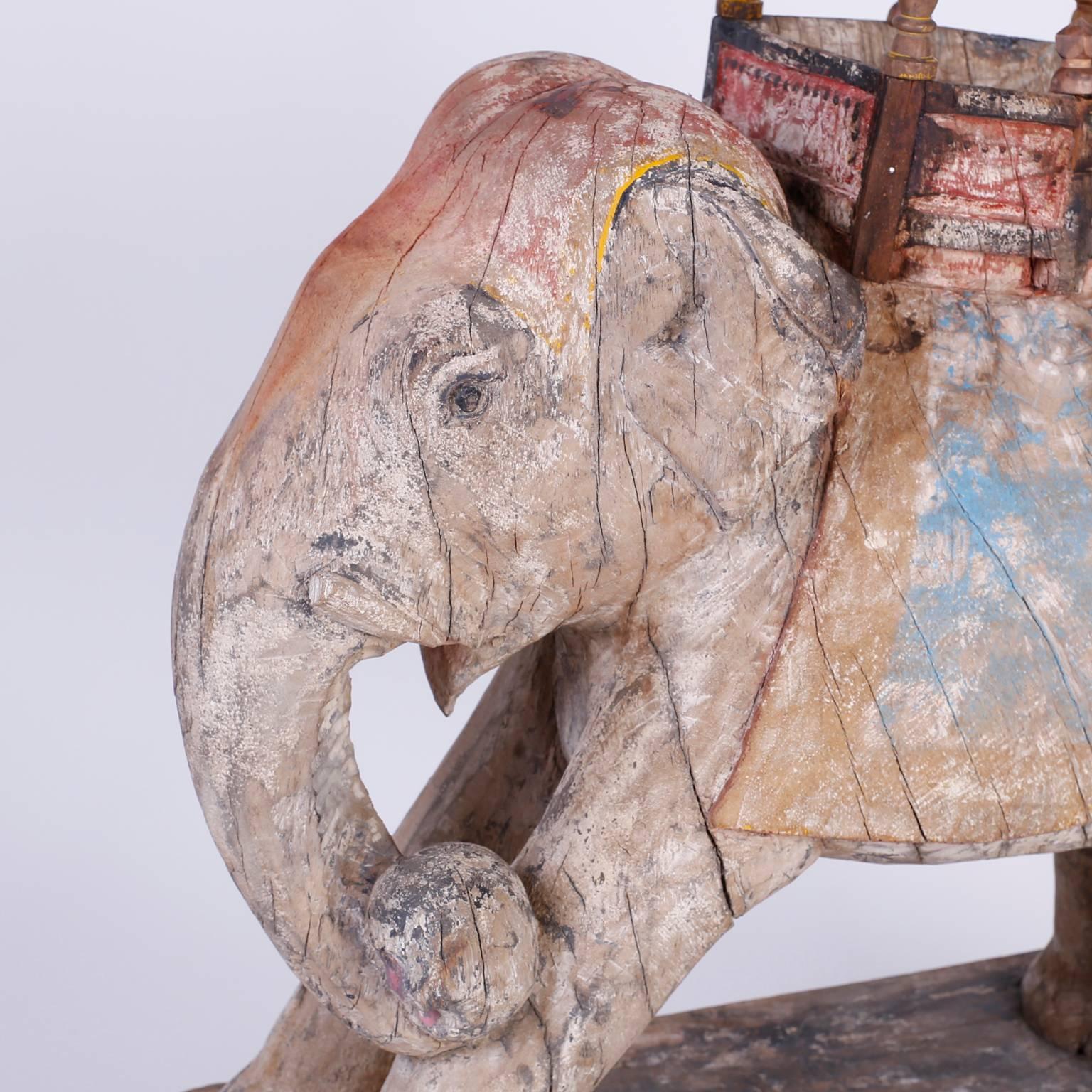 Large Anglo-Indian Carved Wood Elephant on Wheels In Excellent Condition In Palm Beach, FL