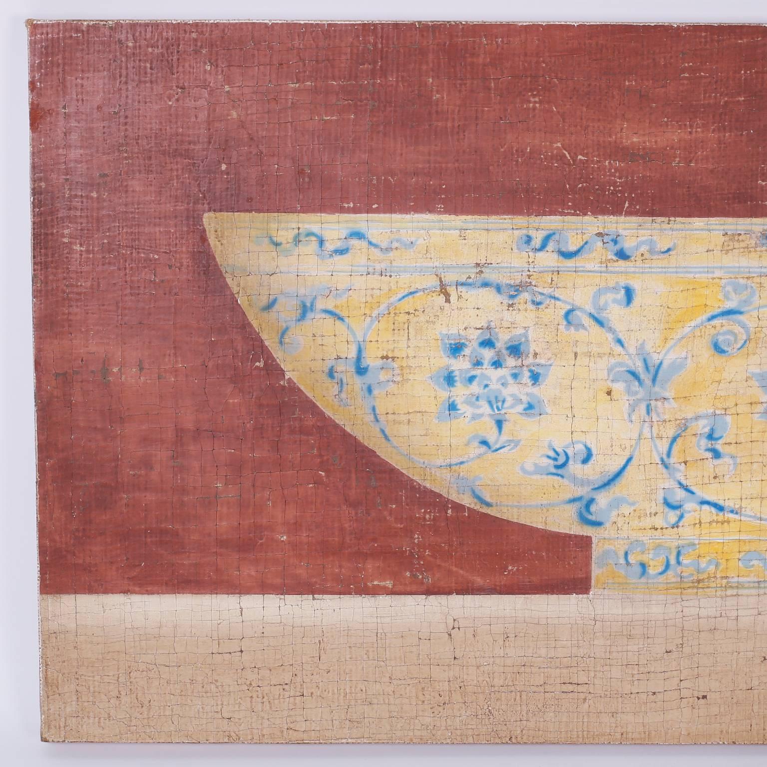 Oil painting on burlap with a striking composition of a Chinese porcelain bowl. Executed in an ancient fresco style, combining modern simplicity with age old rustic texture and technique. Signed on the back Jacques Lamy.