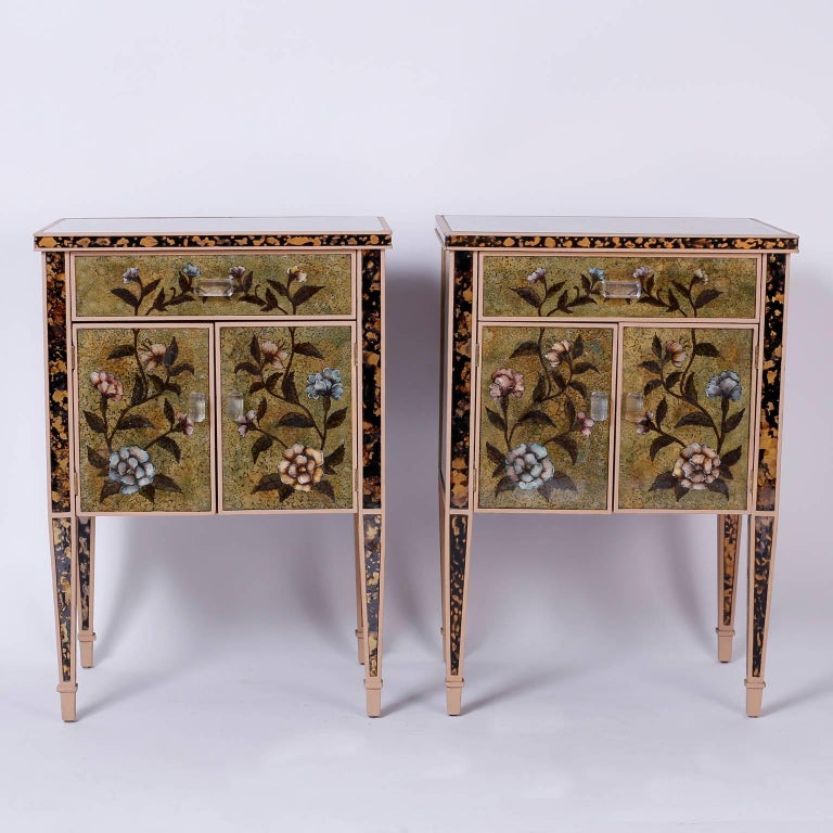 Pair of Reverse Painted Mirrored Nightstands at 1stDibs