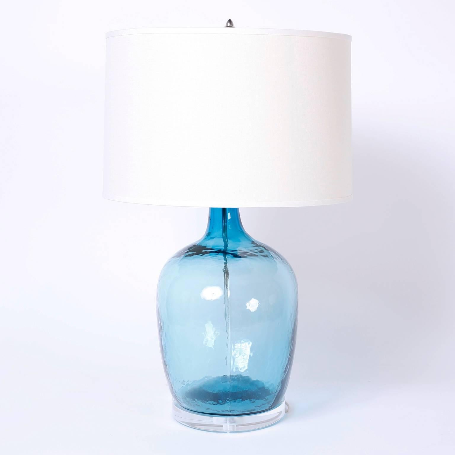 Pair of Handblown Glass Aqua Lamps In Excellent Condition In Palm Beach, FL