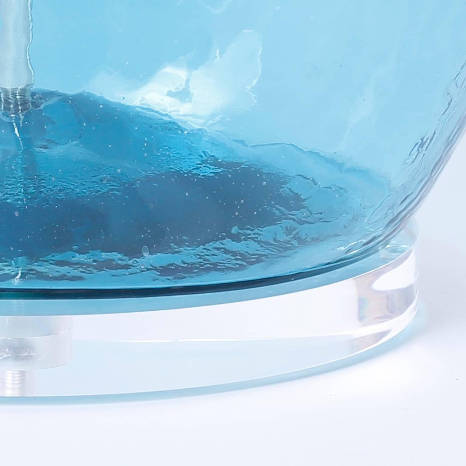 American Pair of Handblown Glass Aqua Lamps