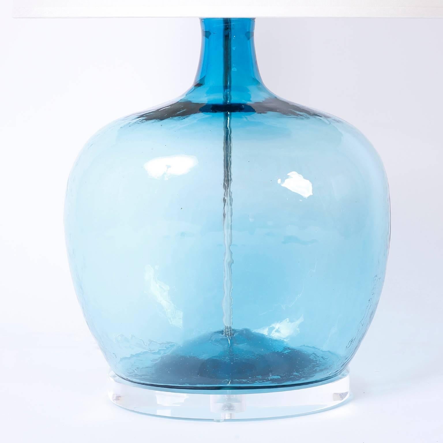 Mid-Century Modern Pair of Handblown Glass Aqua Lamps