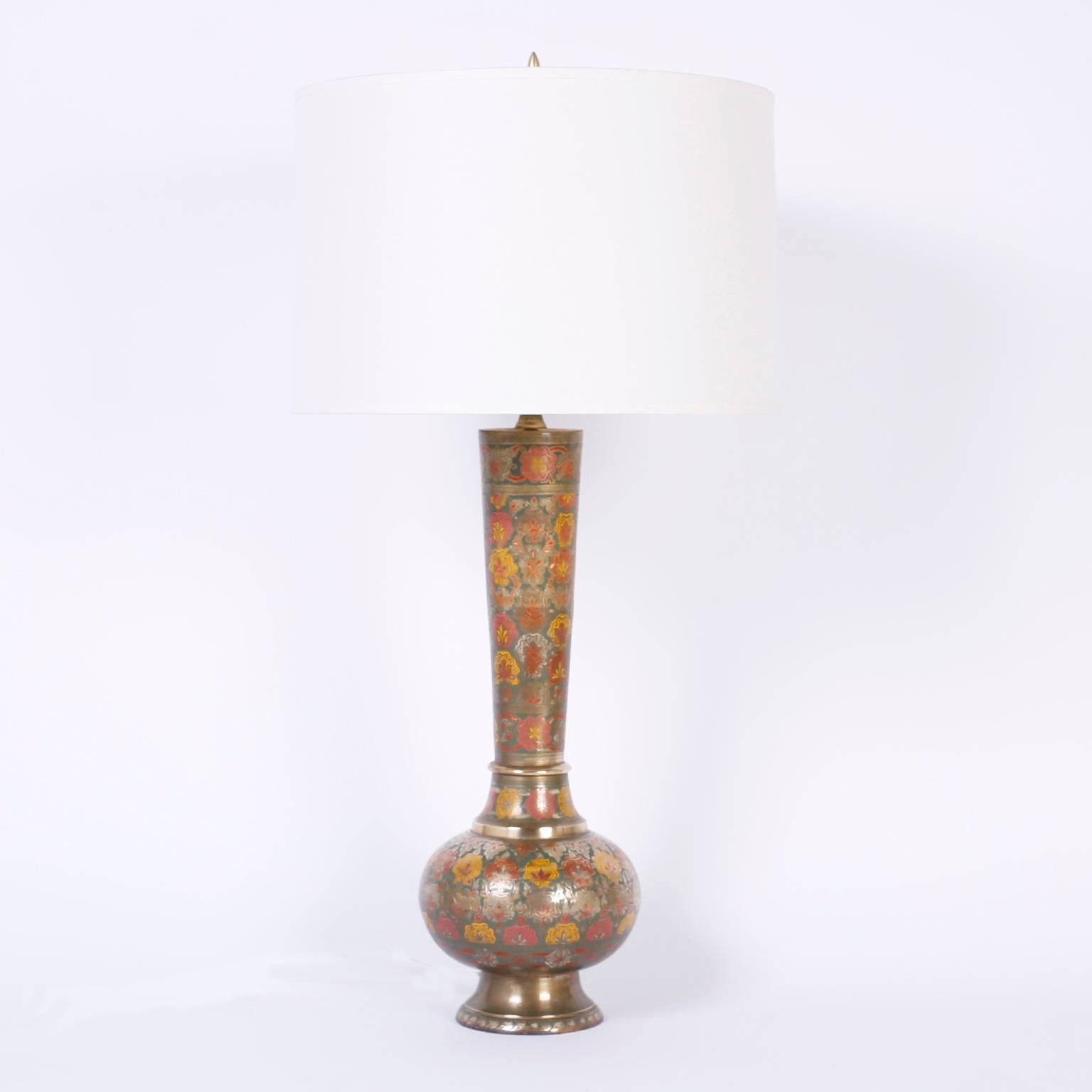 Anglo-Indian Pair of Floral Enamel Brass Table Lamps