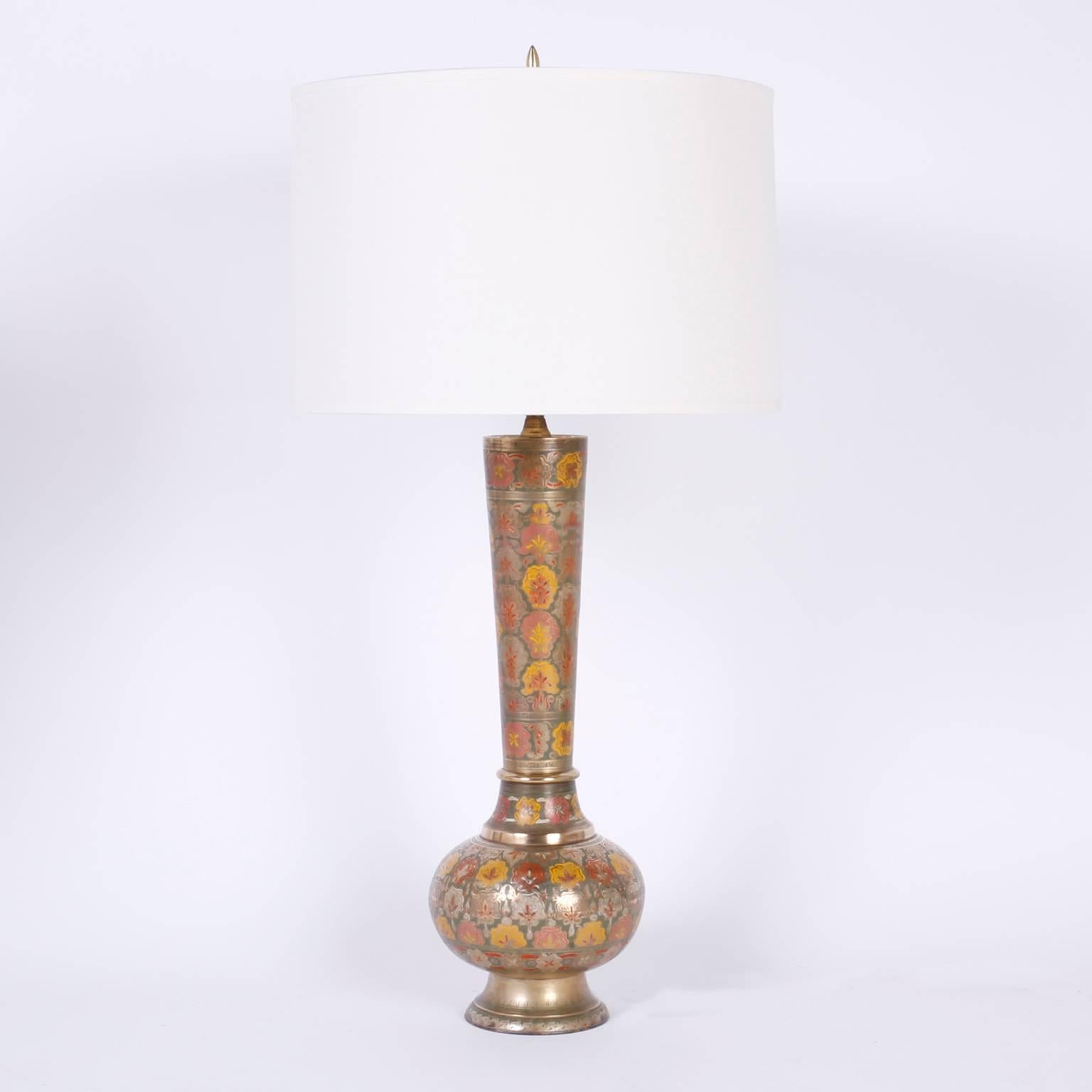 20th Century Pair of Floral Enamel Brass Table Lamps