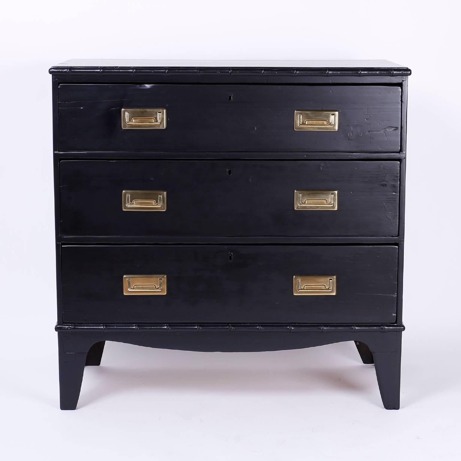 English 19th C. Ebonized Finish Campaign Style Chest of Drawers with Faux Bamboo Trim