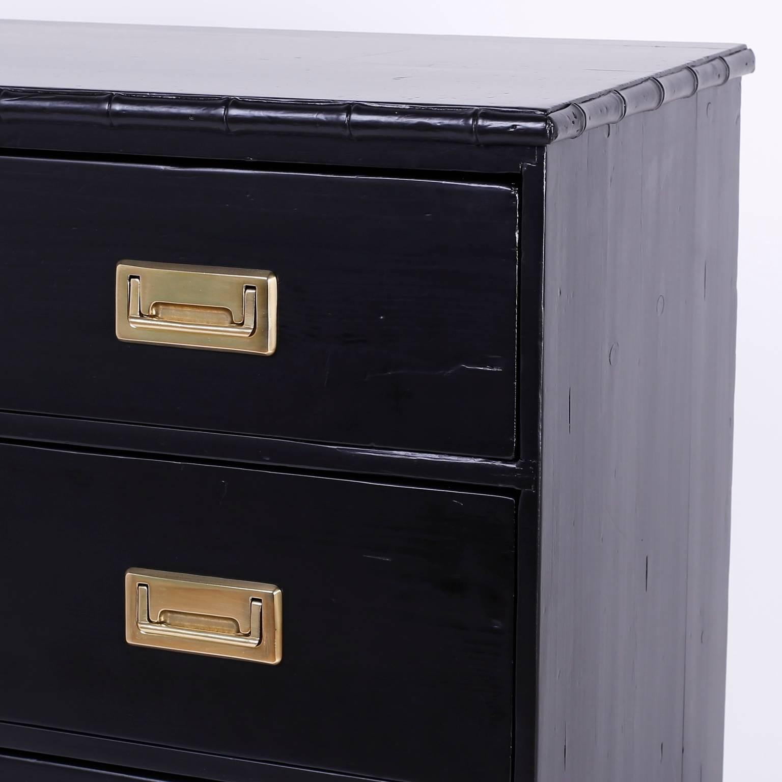 19th C. Ebonized Finish Campaign Style Chest of Drawers with Faux Bamboo Trim 2