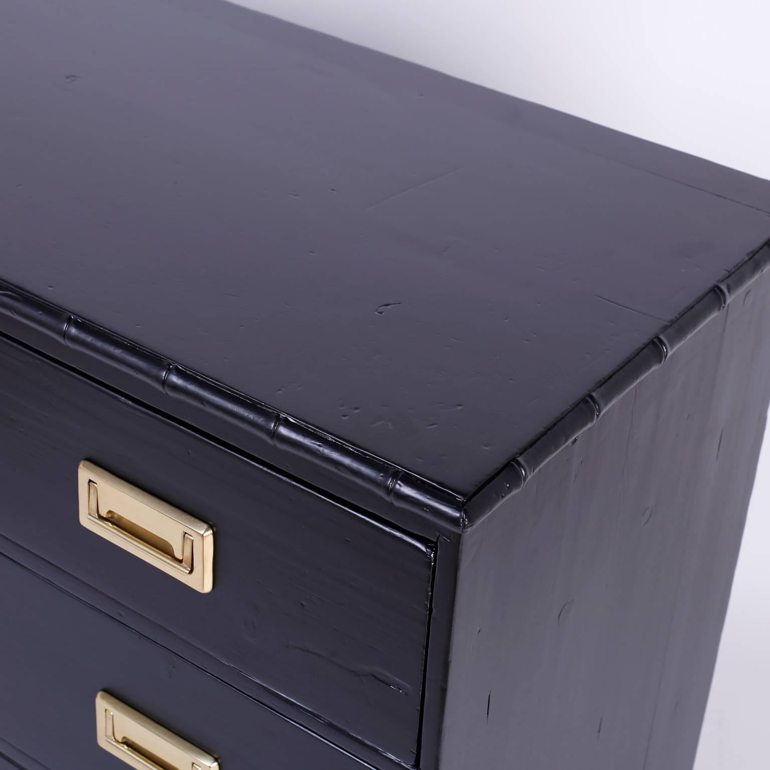 19th Century 19th C. Ebonized Finish Campaign Style Chest of Drawers with Faux Bamboo Trim