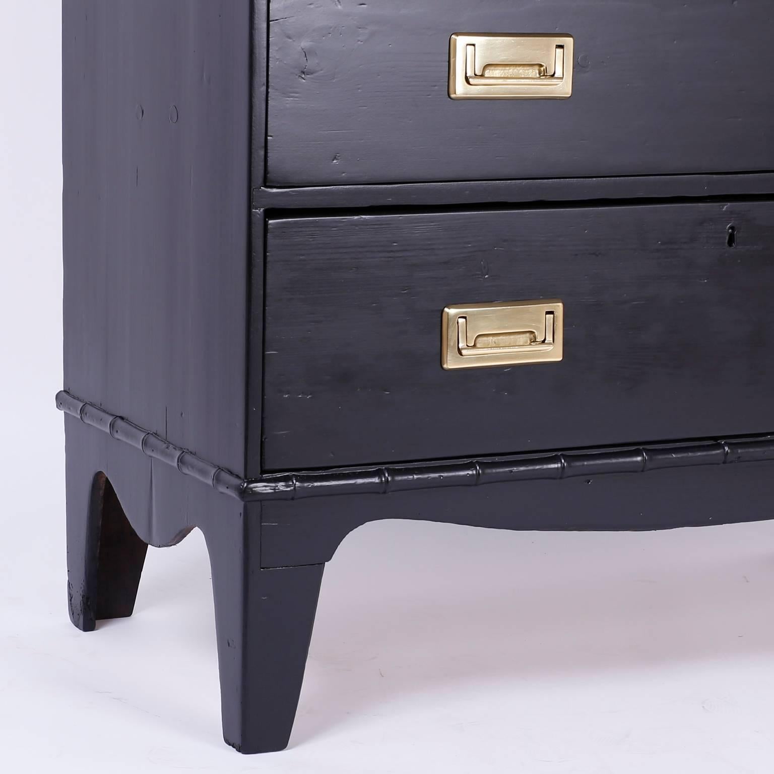 19th C. Ebonized Finish Campaign Style Chest of Drawers with Faux Bamboo Trim 3