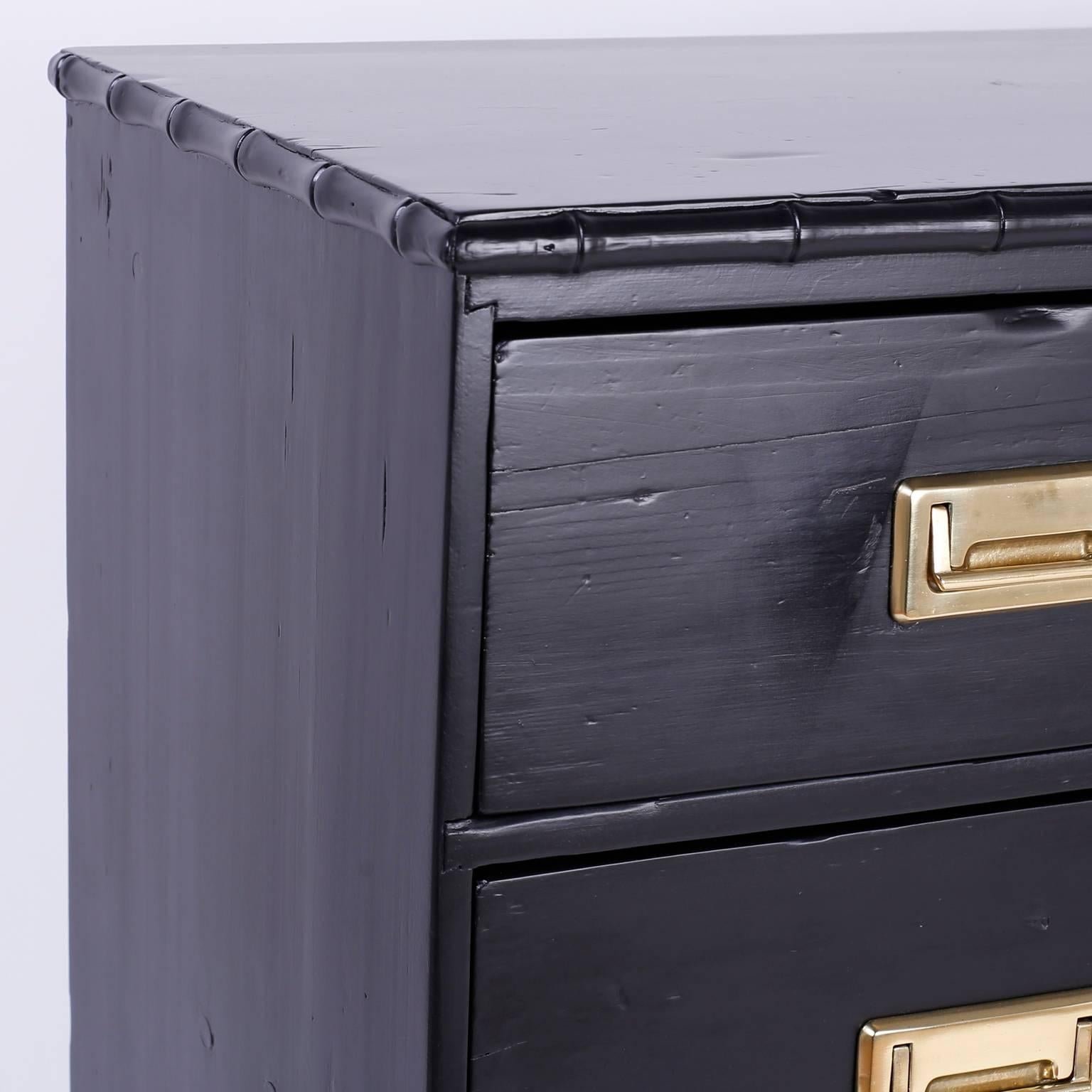 19th C. Ebonized Finish Campaign Style Chest of Drawers with Faux Bamboo Trim In Excellent Condition In Palm Beach, FL
