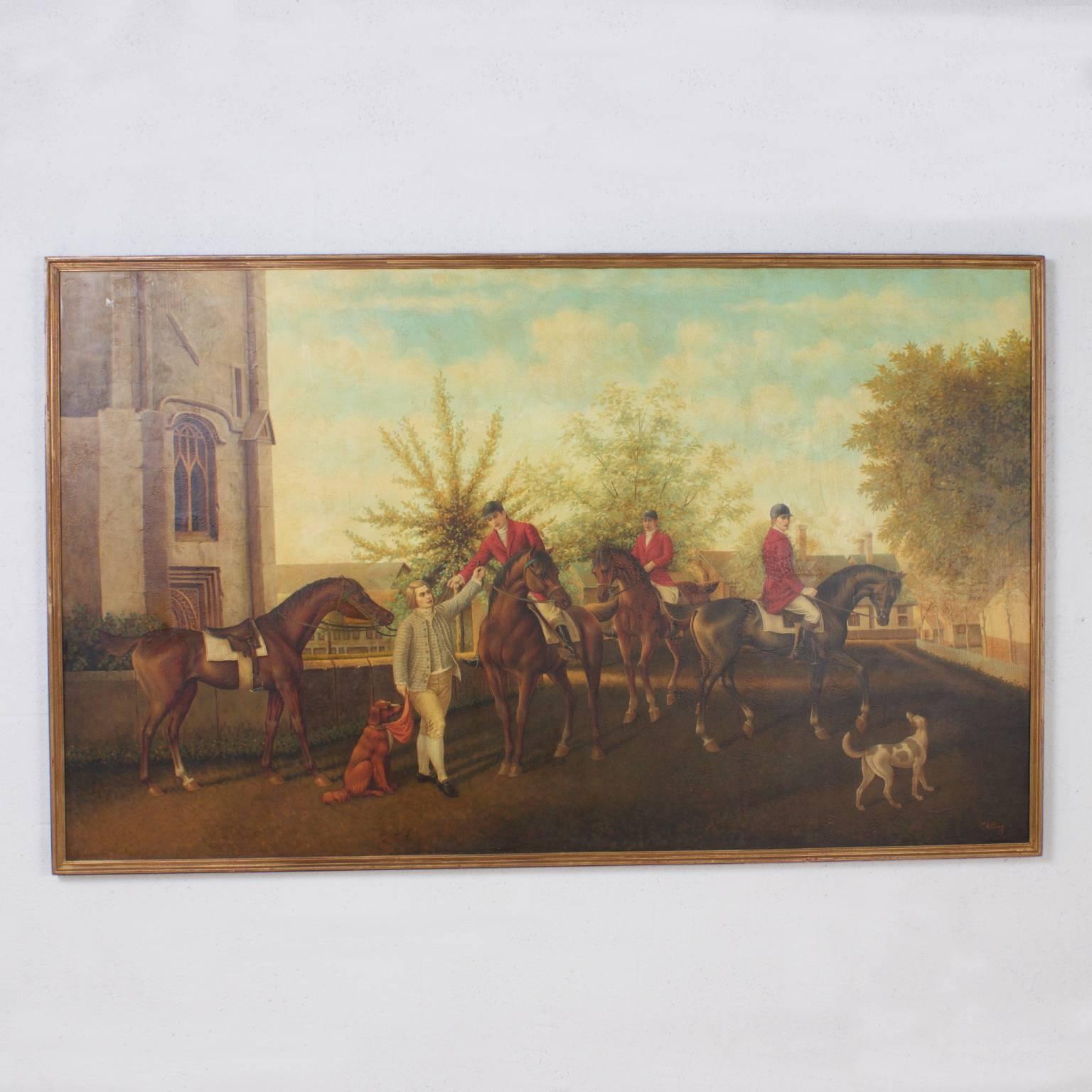 Great example of a classic large-scale oil on canvas painting of an English hunt scene by William Skilling (1862-1964). Crisp and timeless, complete with dogs, horses, a footman and three hunters. Original gilt frame. Signed skilling in the lower