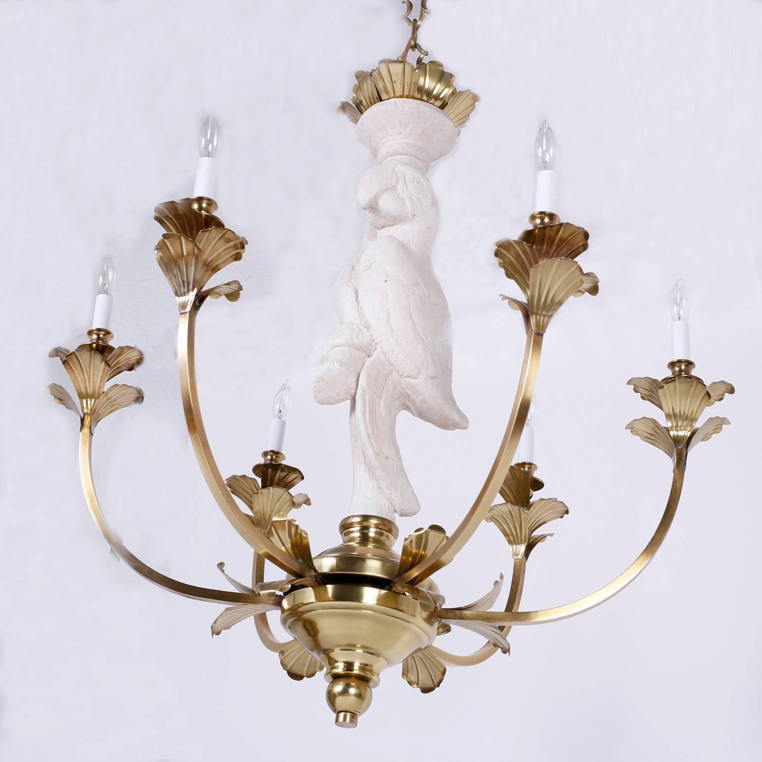 Carved Wood and Brass Parrot Chandelier 2