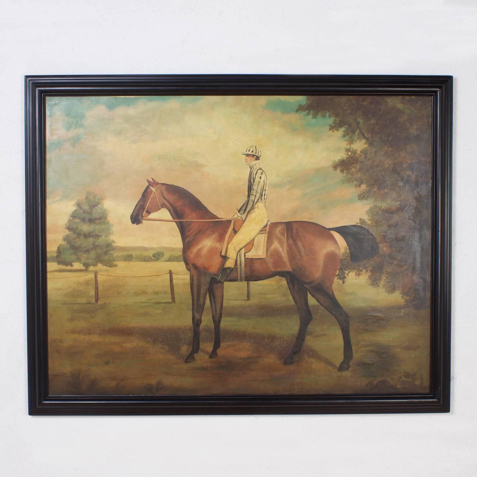 Large vintage oil painting on canvas of a race horse and jockey in a pastoral scene in the original ebonized frame, signed Stevens, on the lower right. Big, bold and straight to the point.

 