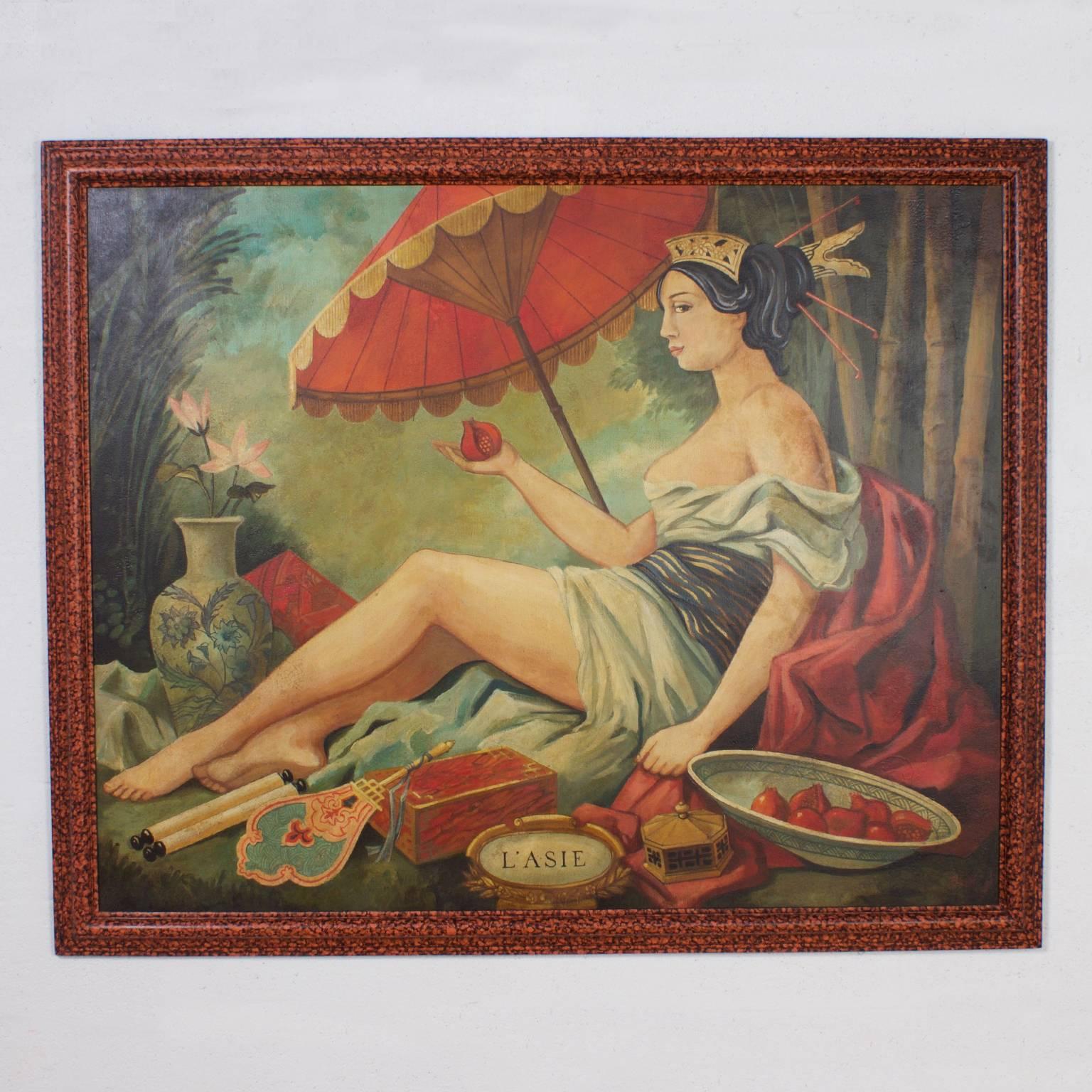 An unusual naive oil on canvas painting with a sensual and sultry feeling, offering an illusion of seduction and fertility in the symbolic pomegranate and red pallet painted by William Skilling (1862-1964). Titled L'Asie, perhaps a reference to the