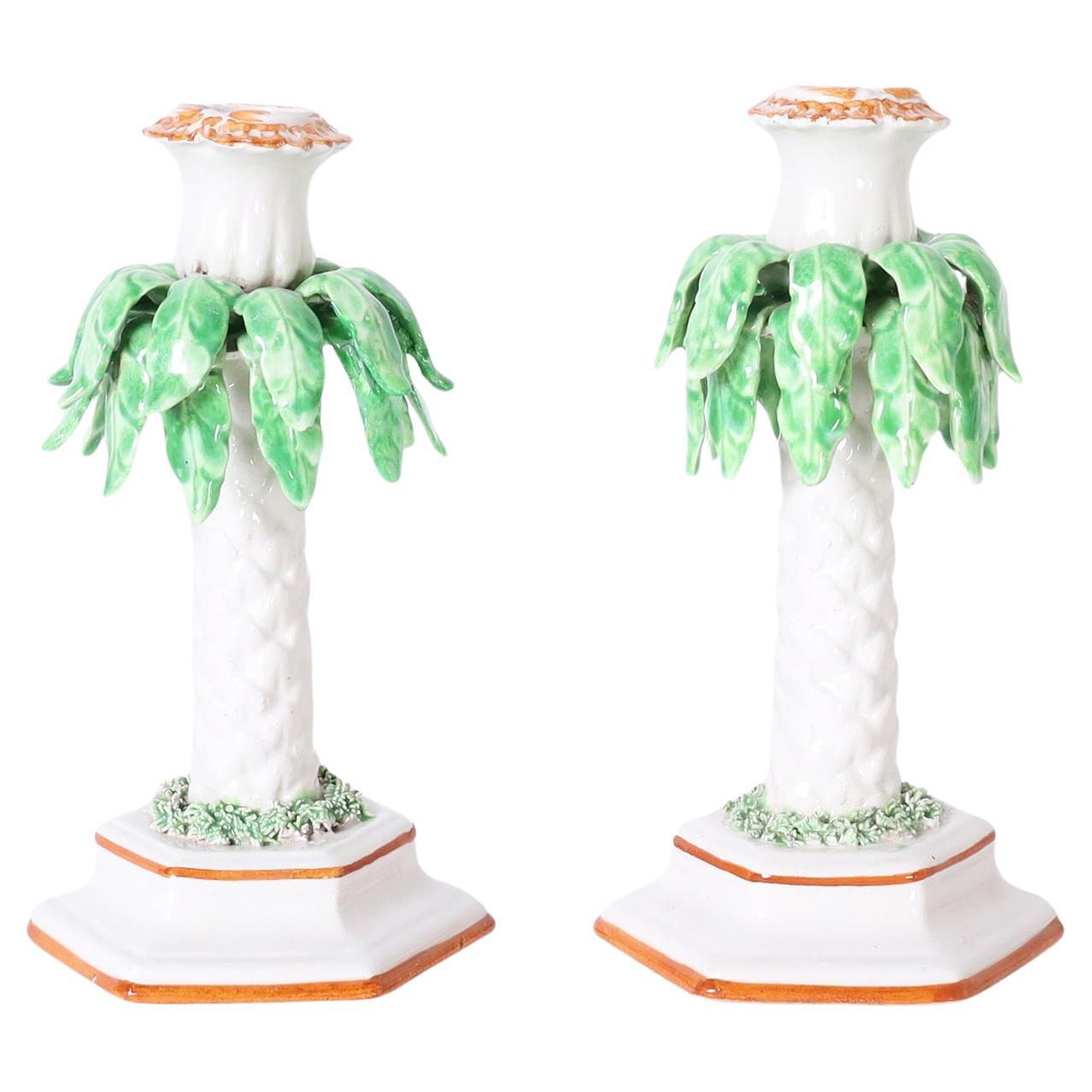 Pair of Italian Porcelain Palm Tree Candlesticks For Sale