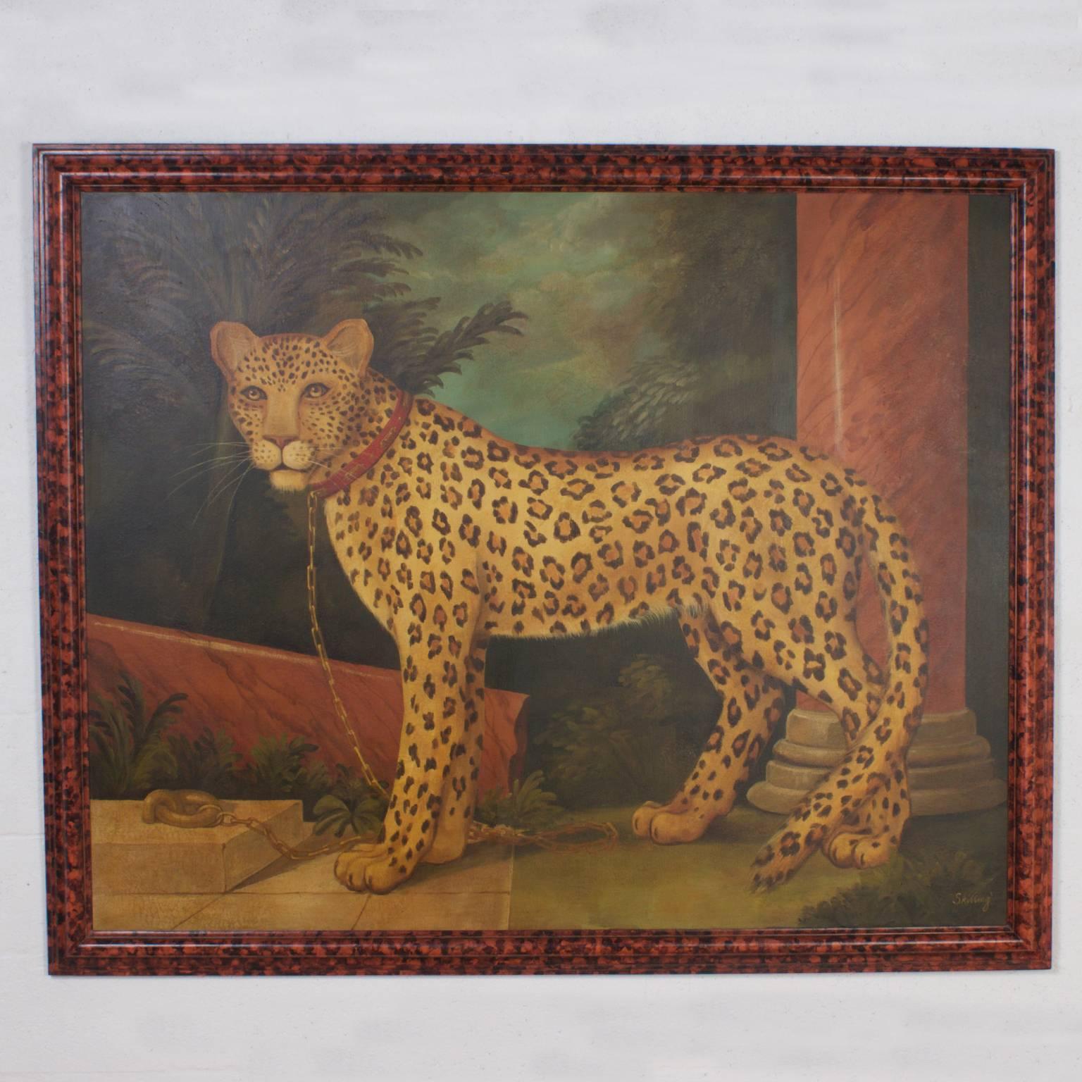 Large oil painting on canvas of the majestic and powerful Leopard by William Skilling (1862-1964). Painted in Classic style and with a confident hand, telling a story that we can only guess at. With marble columns that seem to be part of some ruins,