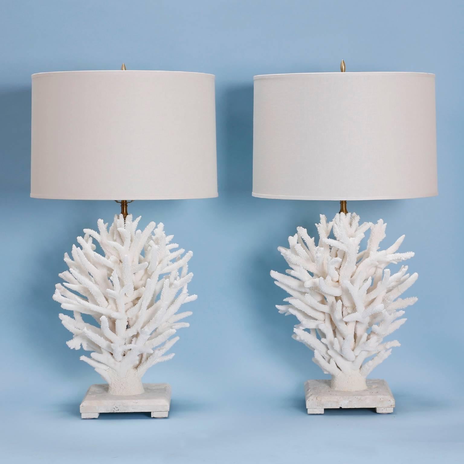Pair of sculptural staghorn coral table lamps custom-made by F. S. Henemader. Composed of authentic farm raised coral re-imagined by our artisans into stylish, functional works of art. (Bases are 8 x 8).

This piece cannot be shipped out of the US,