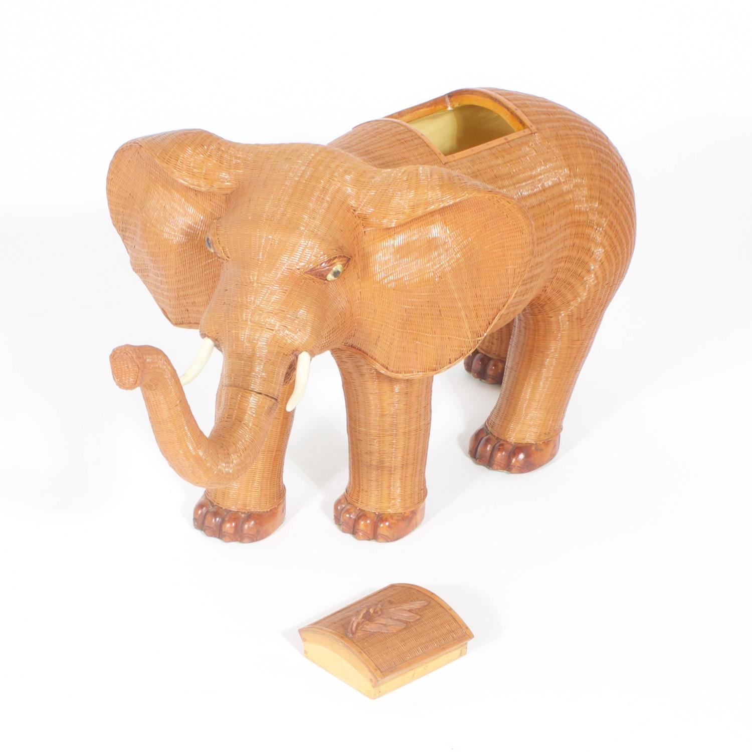 Amusing Midcentury Wicker Elephant Box For Sale at 1stdibs