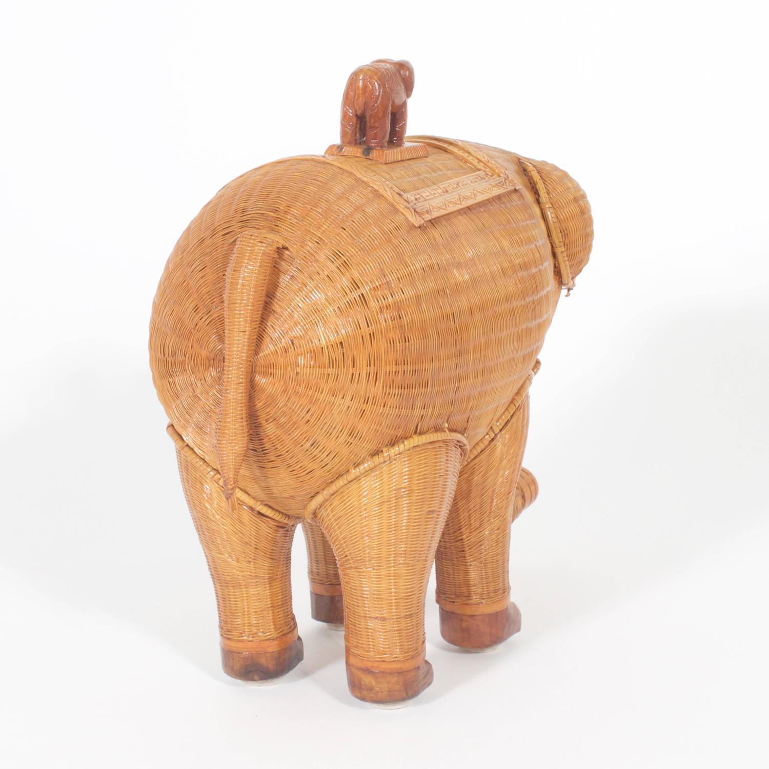 Adorable Midcentury Wicker Elephant Box For Sale at 1stdibs