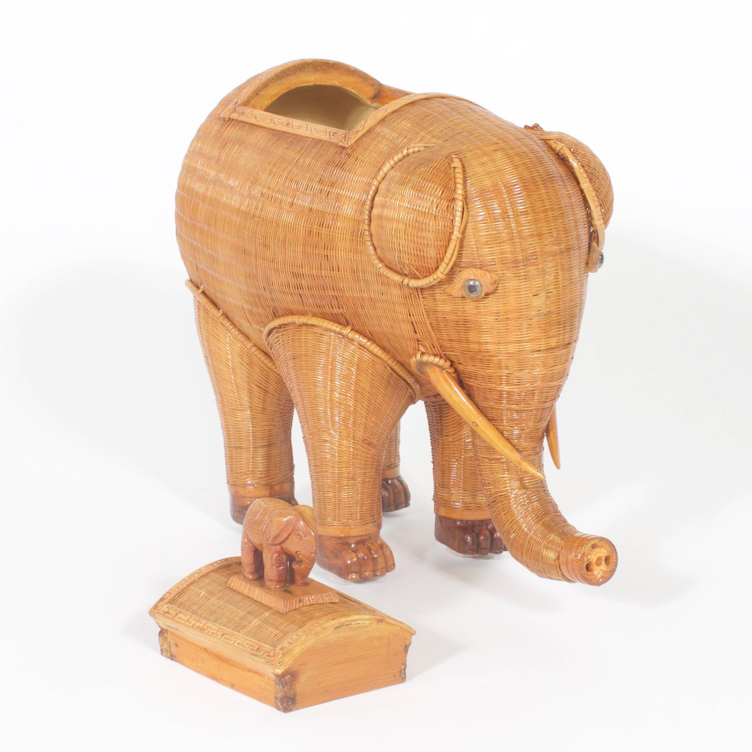 Adorable Midcentury Wicker Elephant Box For Sale at 1stdibs