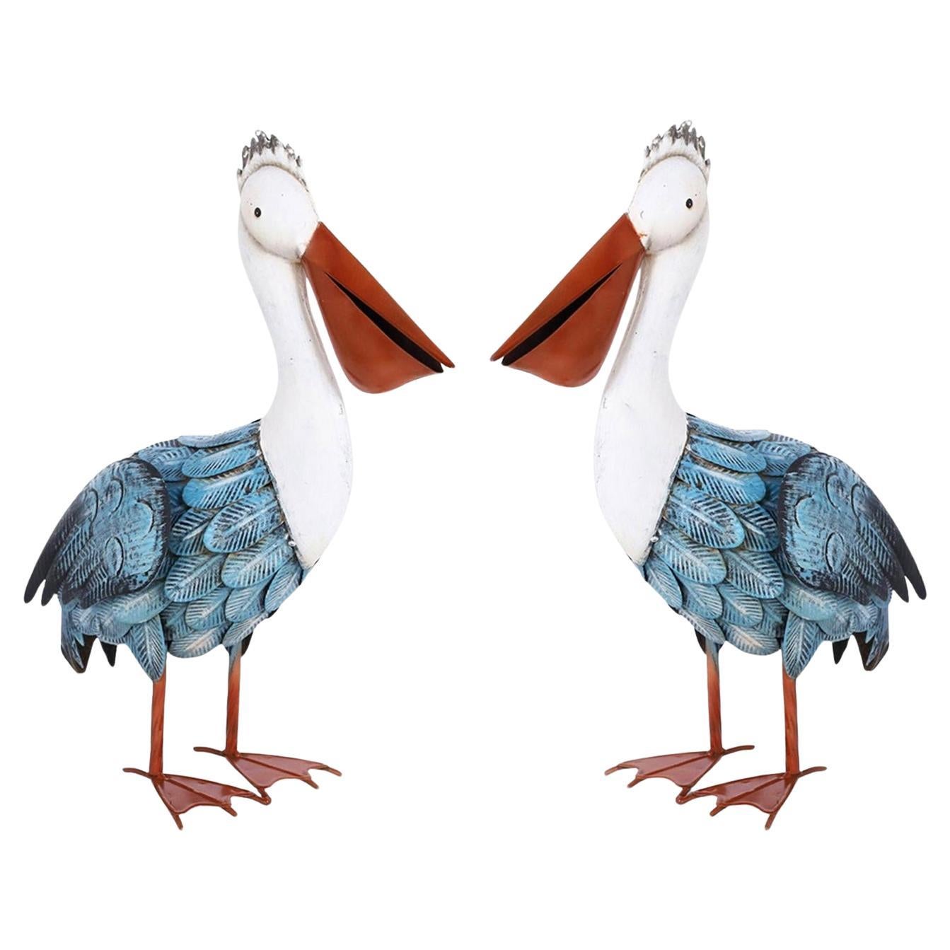 Pair of Folk Art Painted Metal Pelican Sculptures For Sale