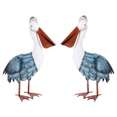 Pair of Folk Art Painted Metal Pelican Sculptures