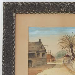 Tropical Watercolor Depicting a Rural Street Scene with a Date Palm