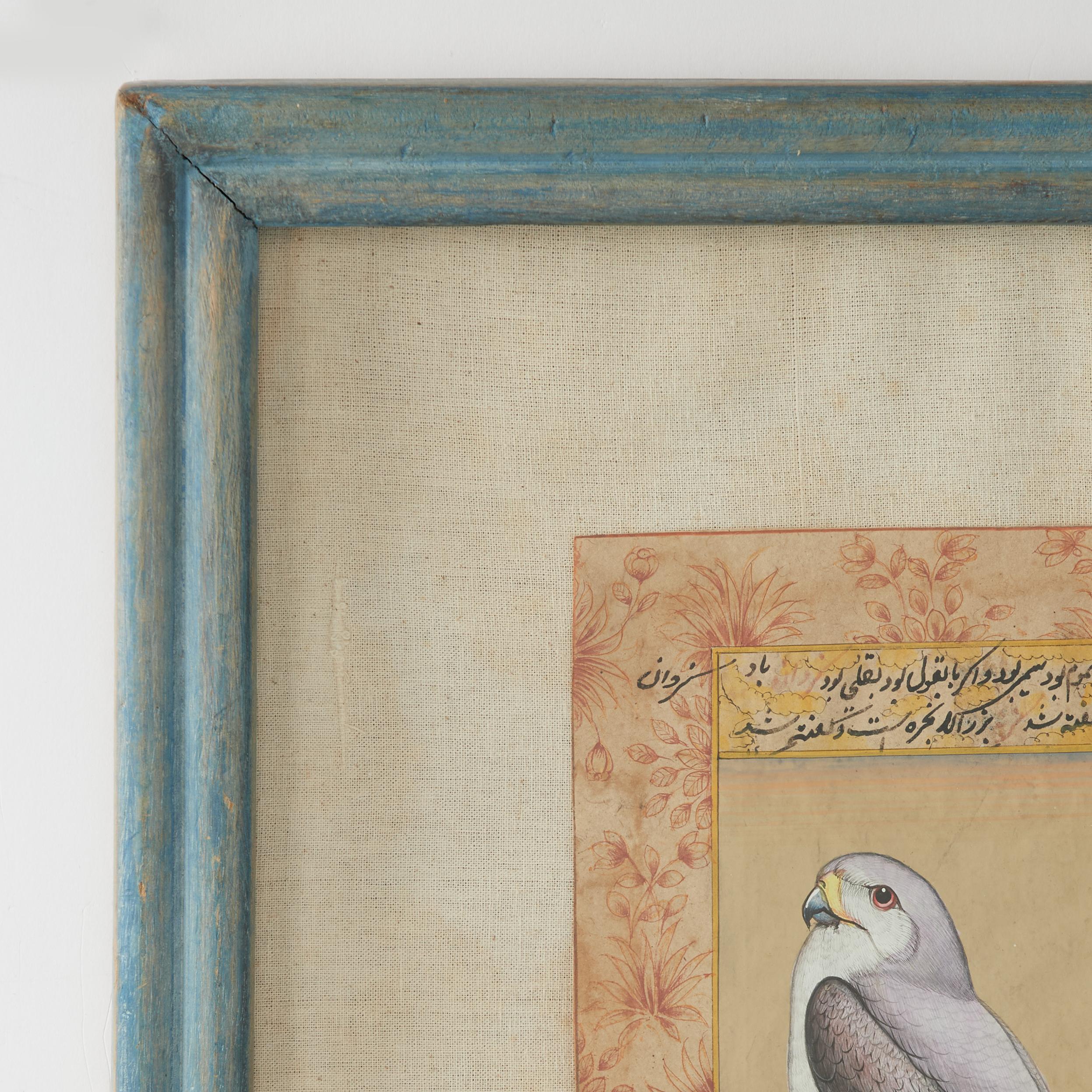 Enchanteresse peinture à la gouache sur papier du 18e siècle de l'IndO- Perse provenant d'un manuscrit d'un oiseau rare et possiblement éteint avec description. Présenté sous verre dans un cadre en bois peint.
