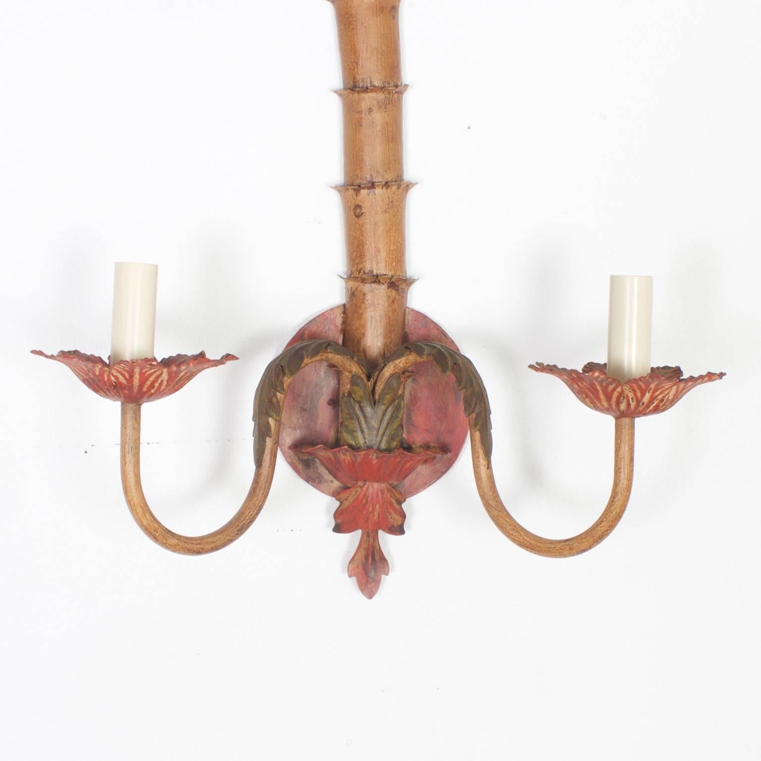British Colonial Pair of Vintage Tole Palm Tree Wall Sconces